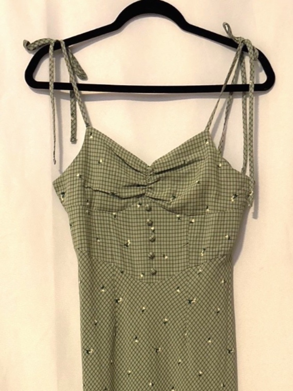Cottagecore Floral Embroidered Gingham Tie Strap Mermaid Maxi Dress US 6 Nasty G